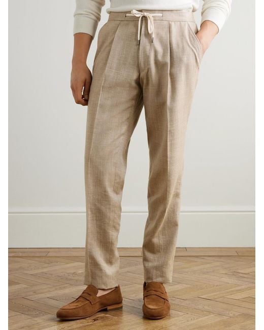 Mr P. Natural Straight-Leg Pleated Wool, Silk And Linen-Blend Drawstring Trousers for men