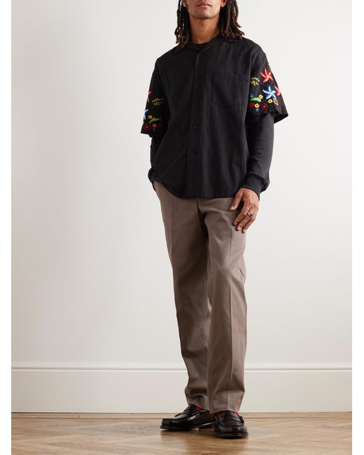YMC Black Idris Convertible-collar Embroidered Cotton And Linen-blend Shirt for men
