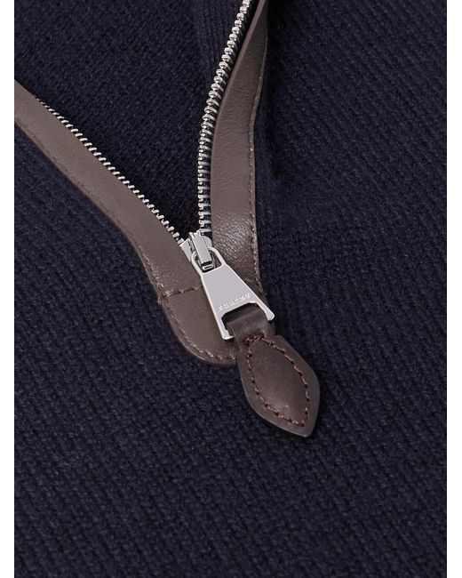 James Purdey & Sons Blue Leather-Trimmed Cashmere Half-Zip Sweater for men