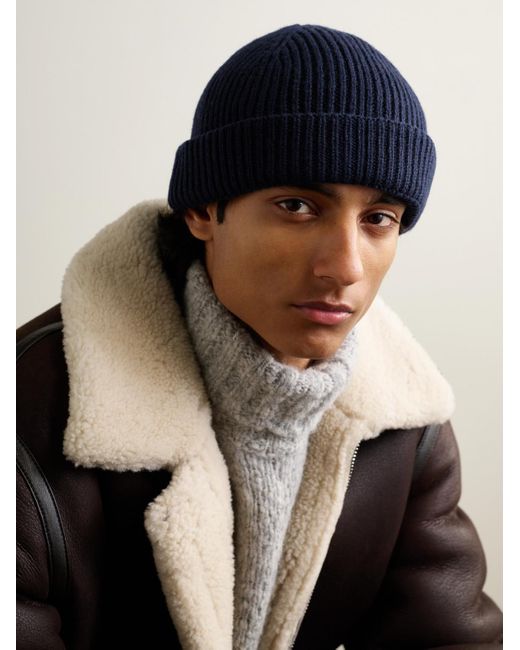 John Smedley Blue Oram Ribbed Recycled-Cashmere And Merino Wool-Blend Beanie for men