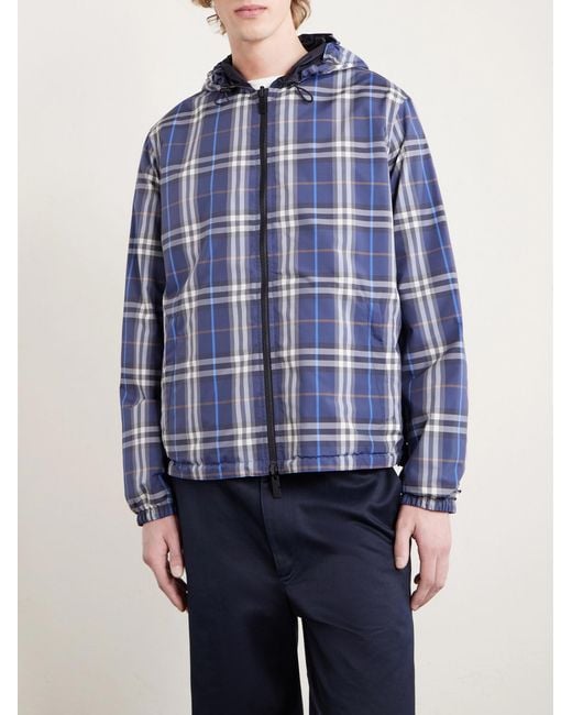 Burberry Blue Hooded Checked Shell Jacket for men