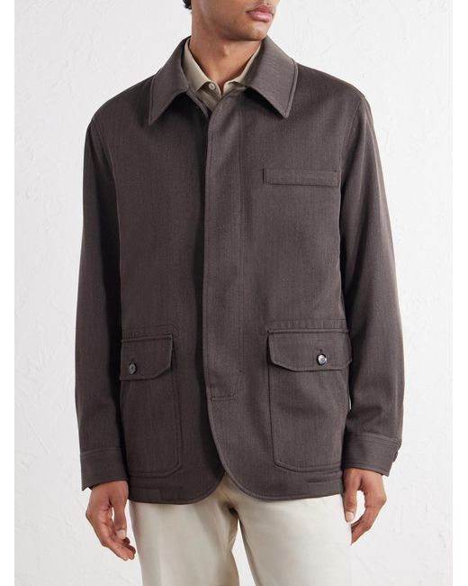 Brioni Gray Leather-Trimmed Wool-Twill Jacket for men