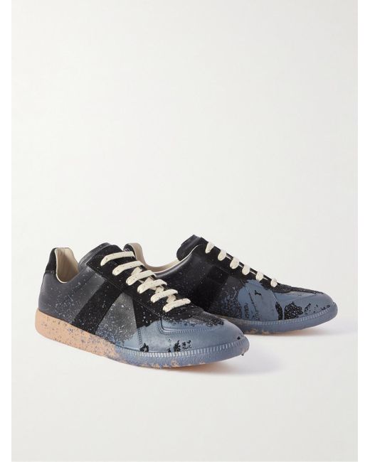 Maison Margiela Blue Replica Paint-splattered Suede And Leather Sneakers for men