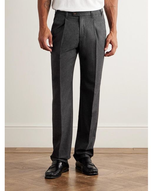 Thom Sweeney Gray Straight-leg Pleated Wool-blend Flannel Trousers for men