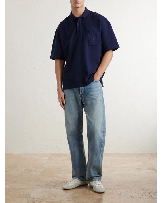 Saint Laurent Blue Cassandre-embroidered Cotton-piqué Polo Shirt for men