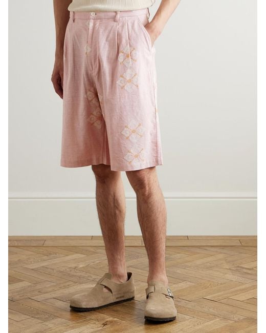 Kardo Pink Straight-Leg Embroidered Pleated Cotton Shorts for men