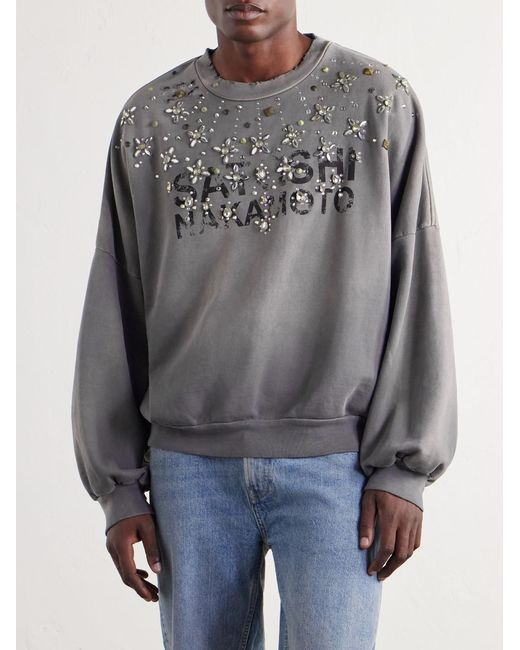 Satoshi Nakamoto Gray Crystal Castle Logo-printed Embellished Distressed Cotton Sweatshirt for men
