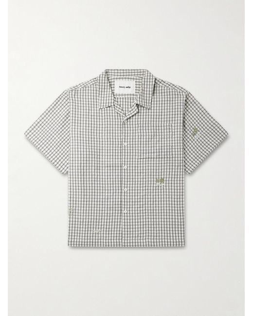 STORY mfg. Gray Camp-Collar Bead-Embellished Checked Organic Cotton Shirt for men