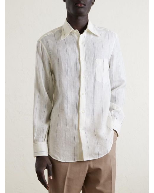 Brunello Cucinelli White Pinstriped Linen Shirt for men