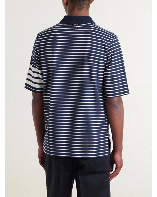 Thom Browne Blue Striped Logo-Appliqué Cotton-Blend Terry Polo Shirt for men