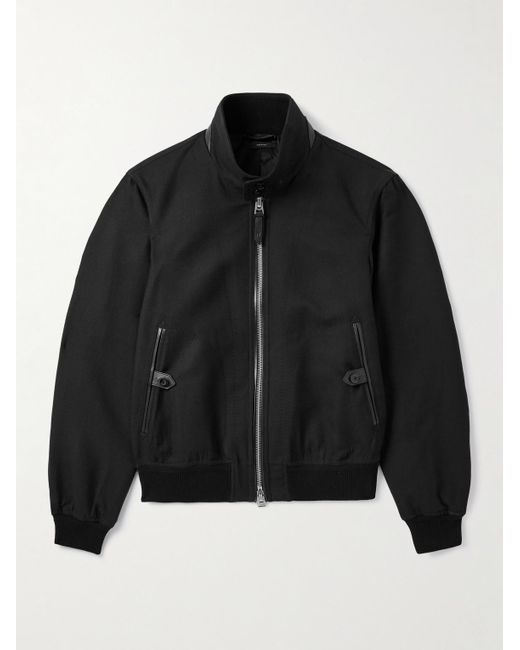 Tom Ford Black Leather-Trimmed Wool And Silk-Blend Twill Bomber Jacket for men