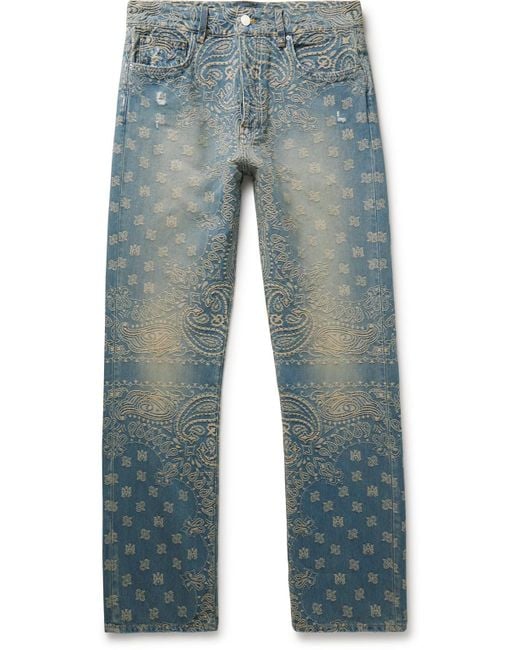 Amiri Blue Straight-leg Distressed Bandana-jacquard Jeans for men