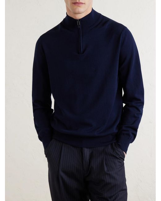 Canali Blue Cotton Half-Zip Sweater for men