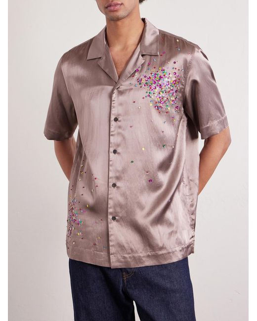 Dries Van Noten Pink Convertible-Collar Embellished Satin Shirt for men