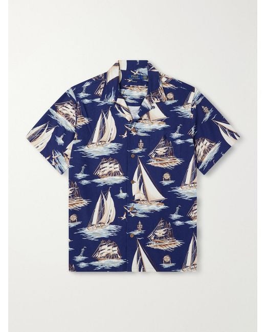 Polo Ralph Lauren Blue Convertible-Collar Printed Cotton-Poplin Shirt for men
