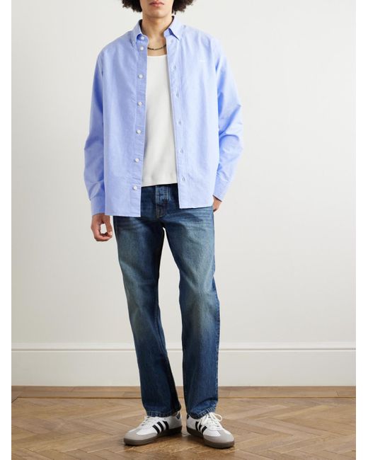 Colby 5910 Button-Down Collar Logo-Embroidered Organic Cotton Shirt di NN07 in Blue da Uomo