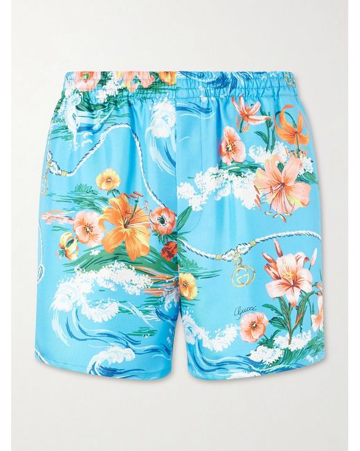 Gucci Blue Straight-Leg Floral-Print Silk-Twill Shorts for men