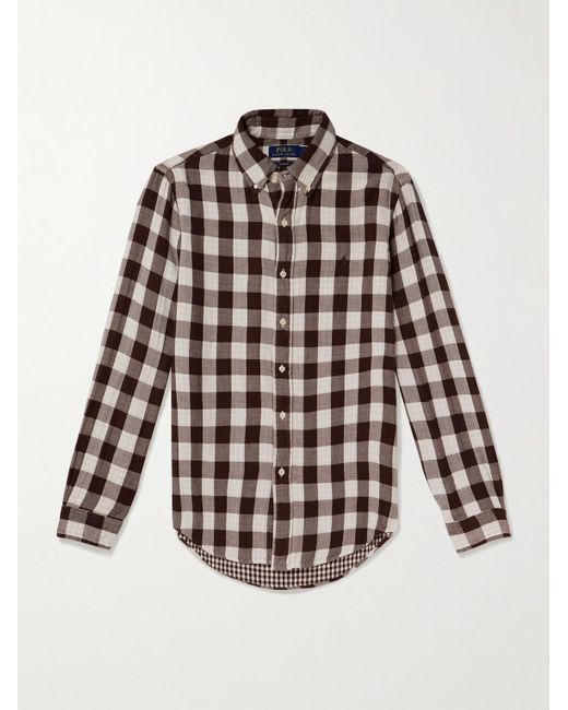 Polo Ralph Lauren Brown Button-Down Collar Logo-Embroidered Checked Cotton Shirt for men