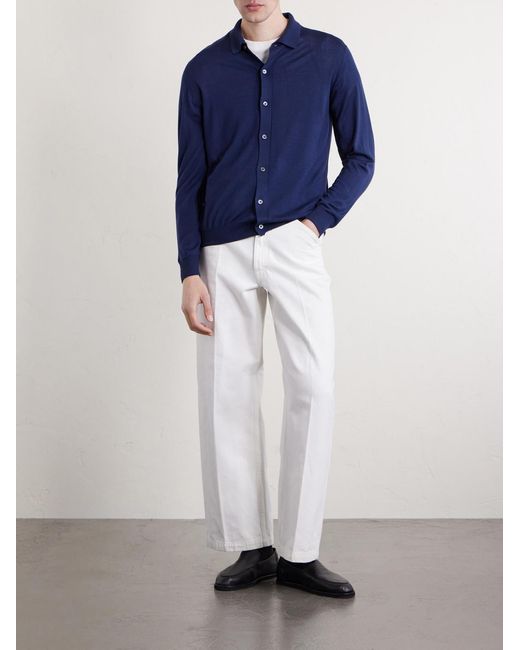 Fedeli Blue Knitted Wool Polo Shirt for men