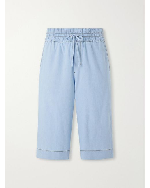 AMI Blue Straight-Leg Logo-Embroidred Cotton-Chambray Shorts for men