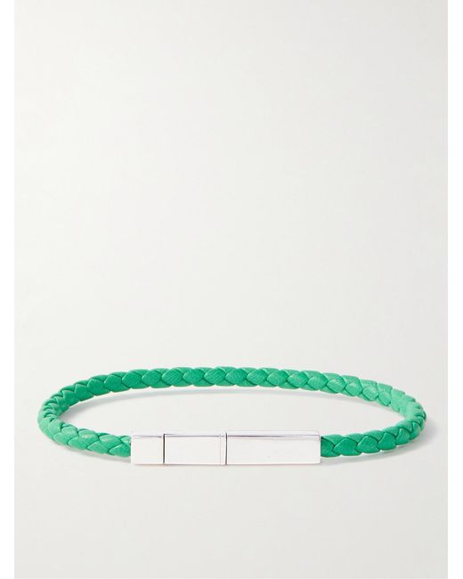 Bottega Veneta Green Braided Leather And Sterling Bracelet for men
