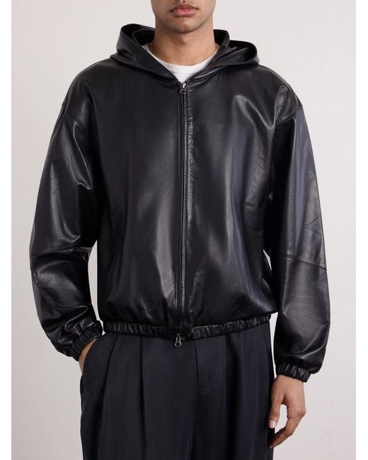 Amomento Black Leather Hooded Jacket for men