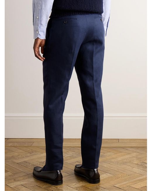 Drake's Blue Straight-Leg Pleated Linen Suit Trousers for men