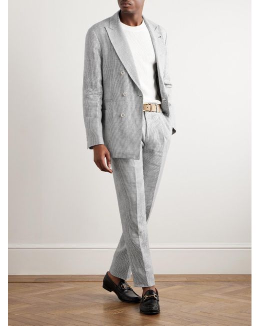 Brunello Cucinelli Gerade geschnittene Anzughose aus Leinen mit Falten und feinem Hahnentrittmuster in Gray für Herren