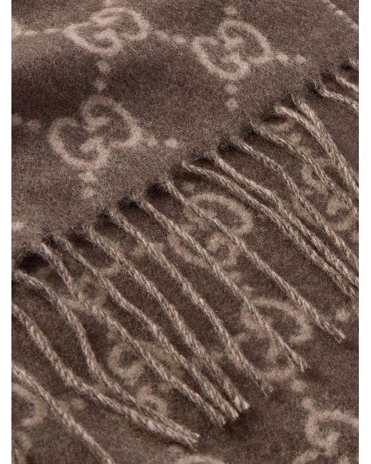 Fringed Logo-Jacquard Cashmere Scarf di Gucci in Brown da Uomo
