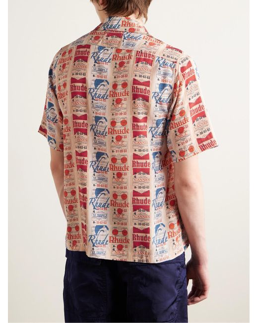 Rhude White Voyage Camp-collar Printed Silk-twill Shirt for men