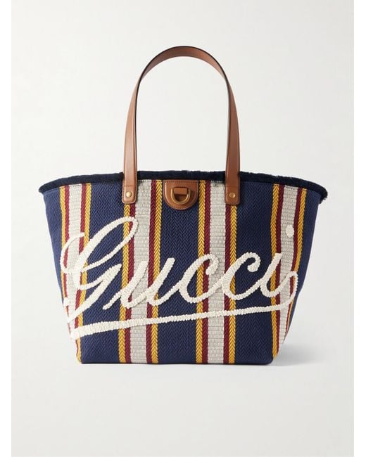 Gucci White Logo-Embroidered Leather-Trimmed Striped Woven Tote Bag for men