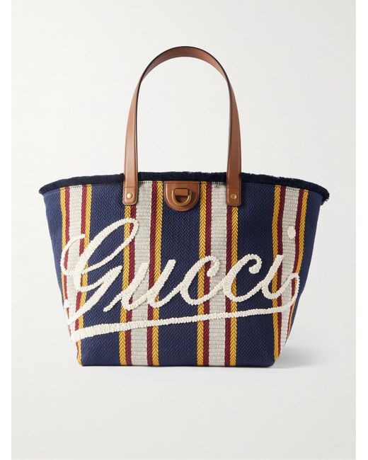 Gucci Gestreifte Tote aus Webstoff mit Lederbesatz und Logostickerei in White für Herren