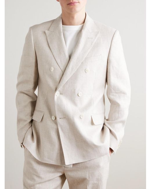 Mr P. Natural Double-Breasted Houndstooth Linen Suit Jacket for men