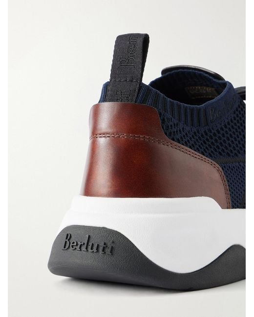 Berluti Blue Shadow Leather-Trimmed Stretch-Knit Sneakers for men