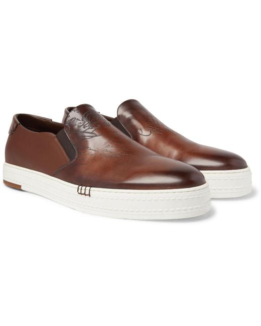 Berluti Brown Playtime Scritto Leather Slip-on Sneakers for men