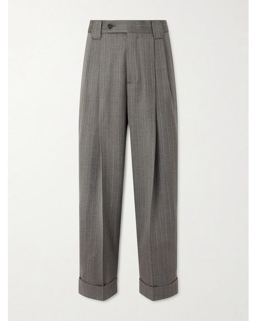 Versace Gray Pleated Pinstriped Virgin Wool-Twill Trousers for men