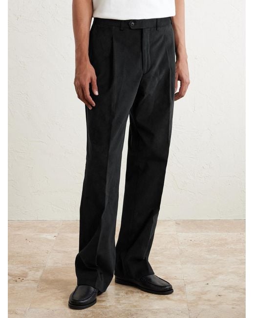 Saman Amel Black Straight-leg Pleated Peached Cotton-blend Trousers for men