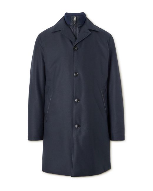 Canali Blue Leather-Trimmed Shell Overcoat for men