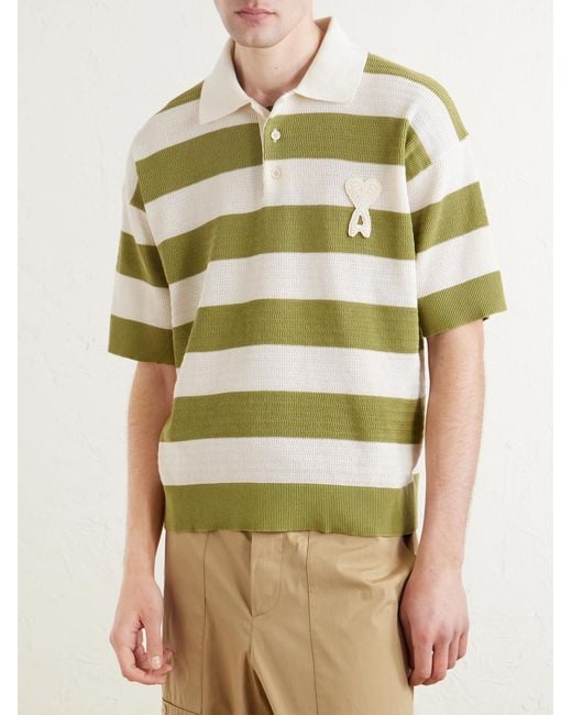 AMI Green Logo-Embroidered Knitted Cotton Polo Shirt for men