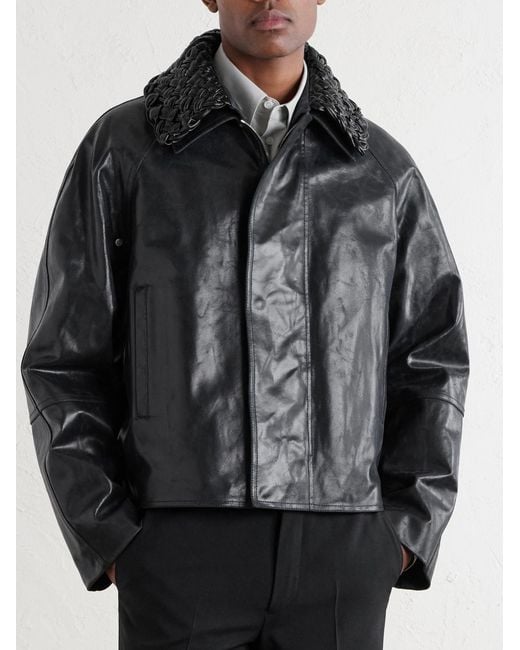 Bottega Veneta Black Intrecciato-Trimmed Leather Jacket for men