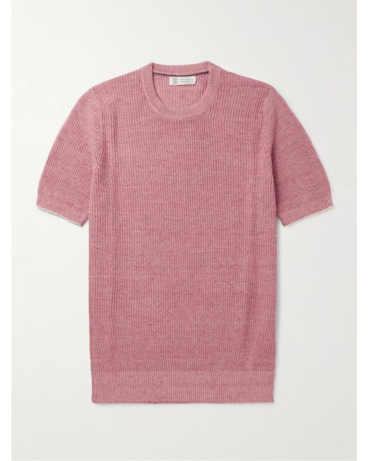 Brunello Cucinelli Pink Ribbed Linen And Cotton-blend T-shirt for men
