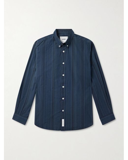 Button-Down Collar Striped Cotton-Broadcloth Shirt di (w)taps in Blue da Uomo