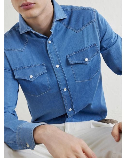 Brunello Cucinelli Blue Denim Shirt for men