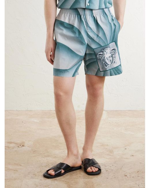 Versace Blue Wide-Leg Printed Cotton-Poplin Shorts for men