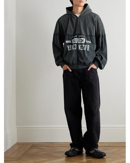 Balenciaga Black Distressed Logo-Print Checked Cotton-Twill And Jersey Hooded Jacket for men