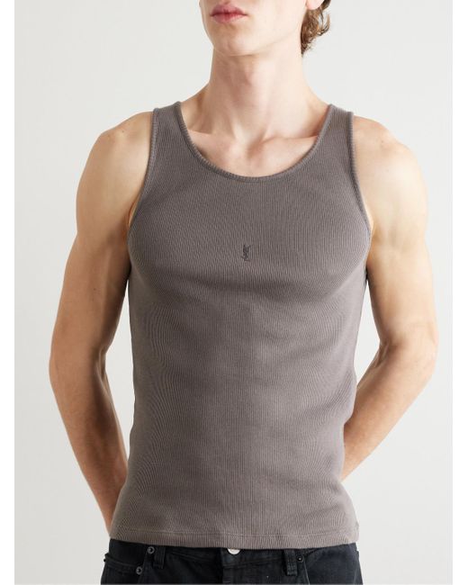 Saint Laurent Gray Logo-Embroidered Ribbed Cotton Tank Top for men