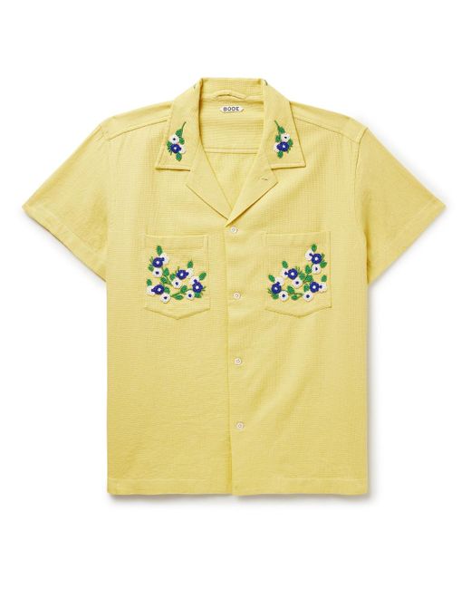 Bode Yellow Chicory Camp-collar Bead-embellished Waffle-knit Cotton Shirt for men