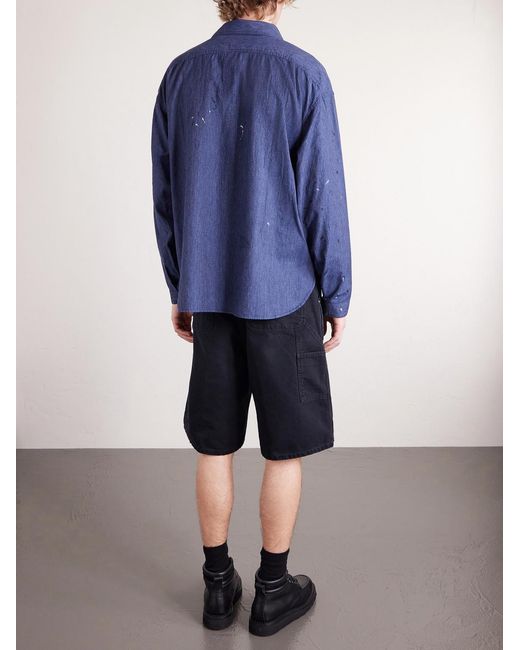 Paint-Splattered Cotton And Silk-Blend Chambray Shirt di Visvim in Blue da Uomo