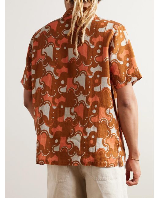 Folk Hemd aus bedruckter Ramie mit Reverskragen in Orange für Herren