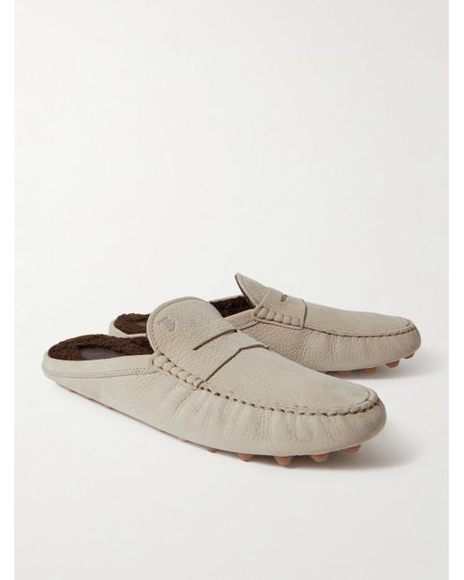 Slipper in nubuck pieno fiore con interno in sherpa Gommino Bubble di Tod's in White da Uomo